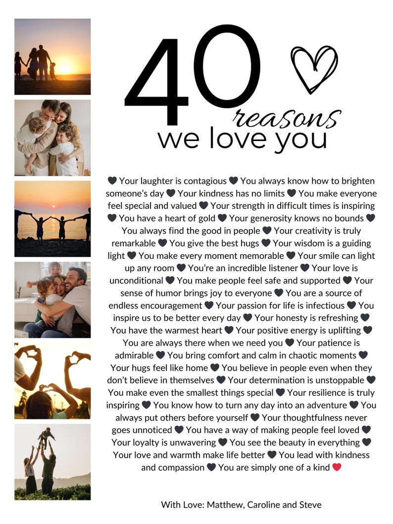 May include: A colorful poster with a large black number 40 and a heart. The poster lists 40 reasons why someone is loved. The text includes phrases like "Your laughter is contagious", "Your kindness has no limits", and "You make every moment memorable".