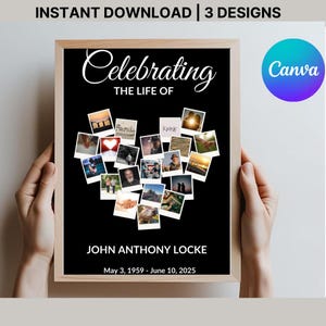 May include: A framed memorial print with a black background and a heart-shaped collage of photos. The text reads "Celebrating the Life of John Anthony Locke, May 3, 1959 - June 10, 2025." The top text says "INSTANT DOWNLOAD | 3 DESIGNS."