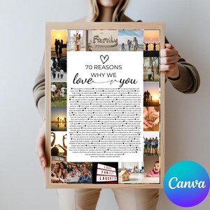 Pu&ograve; includere: Un poster stampabile in bianco e nero con un collage di foto e un testo che recita "70 motivi per cui ti amiamo". Il testo include un elenco di motivi per cui qualcuno &egrave; amato, come "La tua risata &egrave; contagiosa", "La tua gentilezza non conosce limiti" e "Porti sempre luce in ogni stanza".