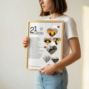 Cadeau pour son 21e anniversaire : 21 raisons pour lesquelles nous t’aimons (cœurs photo), modèle Canva modifiable, téléchargement numérique image 2