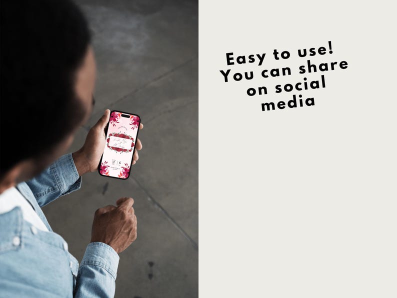 Pu&ograve; includere: Una persona tiene in mano uno smartphone che mostra un invito digitale con un design floreale. Il testo sull'invito recita "Save the Date". La didascalia sul lato destro dell'immagine recita "Facile da usare! Puoi condividere sui social media."