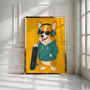 May include: A framed wall art print featuring a cartoon Corgi dog with a yellow background. The dog wears a teal hoodie, black sunglasses, and teal headphones while holding a black skateboard with teal wheels in its front paw.