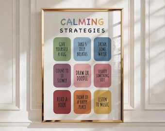 Calming Strategies Poster | Printable Calm Corner | Coping Skills & Emotional Regulation Art | Therapy Office Decor
