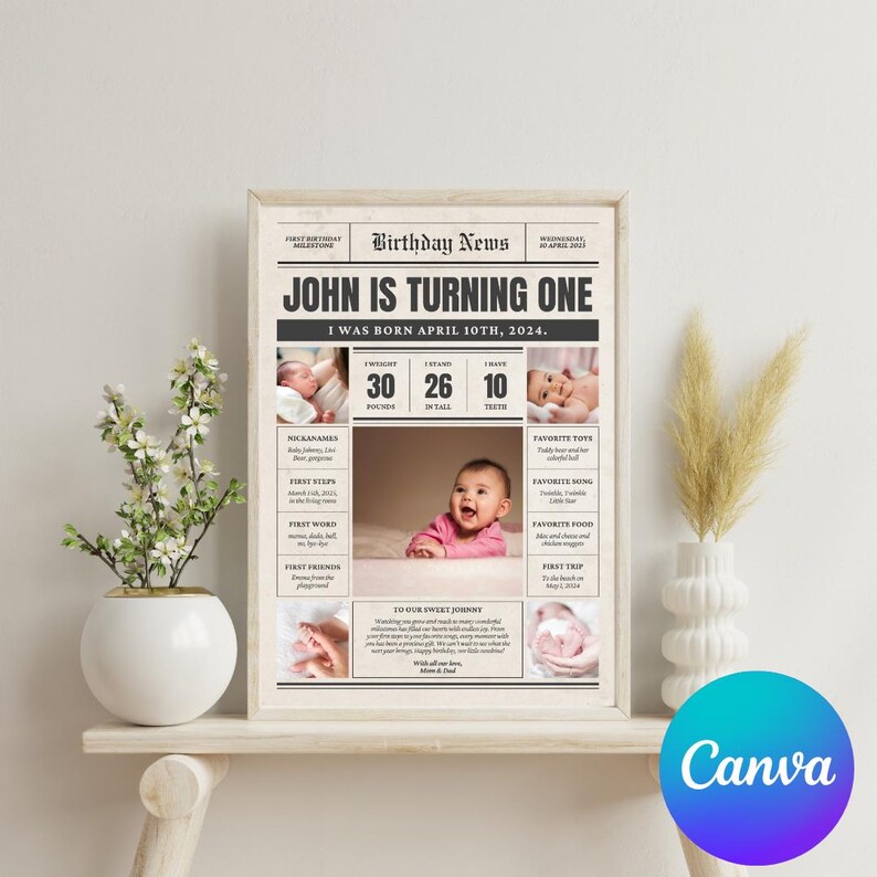 May include: A vintage-style newspaper design for a first birthday. The headline reads "John is turning one." The newspaper includes photos of the baby, stats about their first year, and a message to the birthday boy.