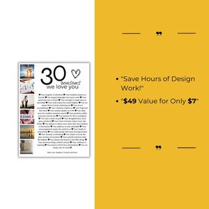 Puede incluir: Una descarga digital imprimible de 30 razones para amar a alguien. La imprimible presenta un dise&ntilde;o en blanco y negro con un coraz&oacute;n y el texto "30 razones por las que te amamos". El texto "&iexcl;Ahorra horas de trabajo de dise&ntilde;o!" y "Valor de $49 por solo $7" tambi&eacute;n se incluyen.