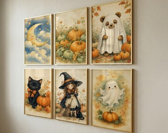 Set of 6 Halloween Wall Art, Cute Nursery Prints, Playroom Decor - Instant Download