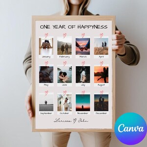 May include: A white poster with a black handwritten title "ONE YEAR OF HAPPYNESS". The poster is divided into a grid of 12 squares, each containing a black and white photo of a couple. The photos are arranged in a calendar format, with the months of the year labeled below each photo. The poster is signed "Lerissa John" at the bottom.