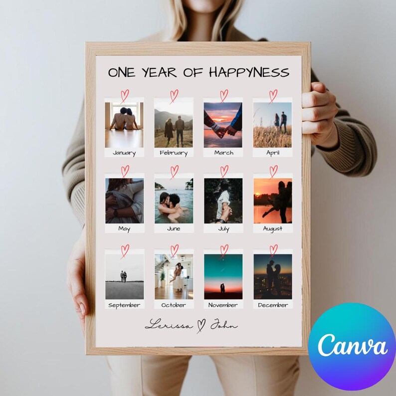 May include: A white poster with a black handwritten title "ONE YEAR OF HAPPYNESS". The poster is divided into a grid of 12 squares, each containing a black and white photo of a couple. The photos are arranged in a calendar format, with the months of the year labeled below each photo. The poster is signed "Lerissa John" at the bottom.
