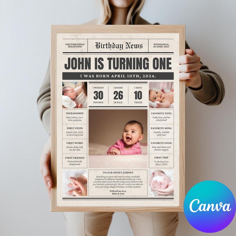 May include: A newspaper-style birthday poster for a baby boy named John turning one year old. The poster features photos of the baby, his weight, height, and number of teeth. It also includes information about his favorite toys, songs, and foods. The poster is decorated with a vintage newspaper design and includes the text "Birthday News" at the top.