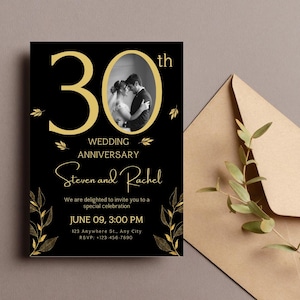 Inbjudan till 30-årsjubileum: Svart och guld, fotomall (digital nedladdning) bild 6