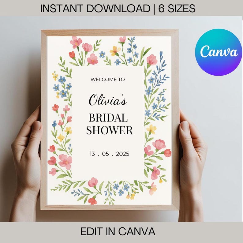 May include: A printable bridal shower invitation with a floral border. The text reads "Welcome to Olivia's Bridal Shower 13. 05. 2025".
