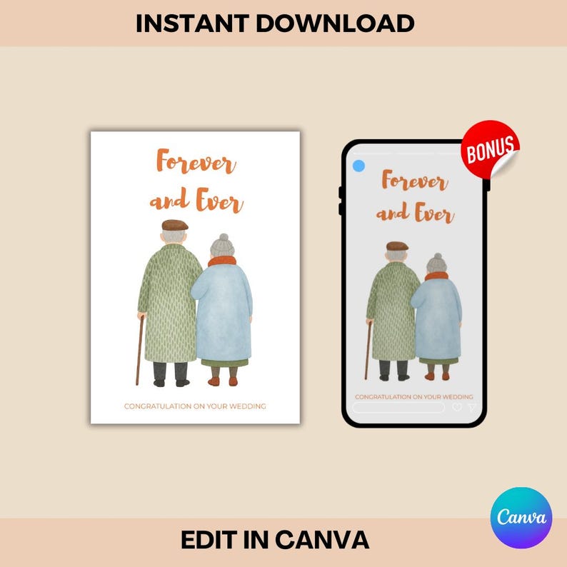 May include: A wedding card and a phone screen display the words "Forever and Ever" above an illustration of an elderly couple. The card and phone also include the text "Congratulations on your wedding."