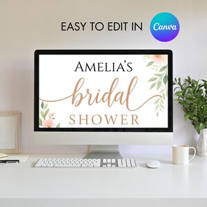 Op de afbeelding: Een digitale schermmoc-up met een bruiloftsdoucheinvitatie met een bloemenontwerp en de tekst "Amelia's bridal shower".