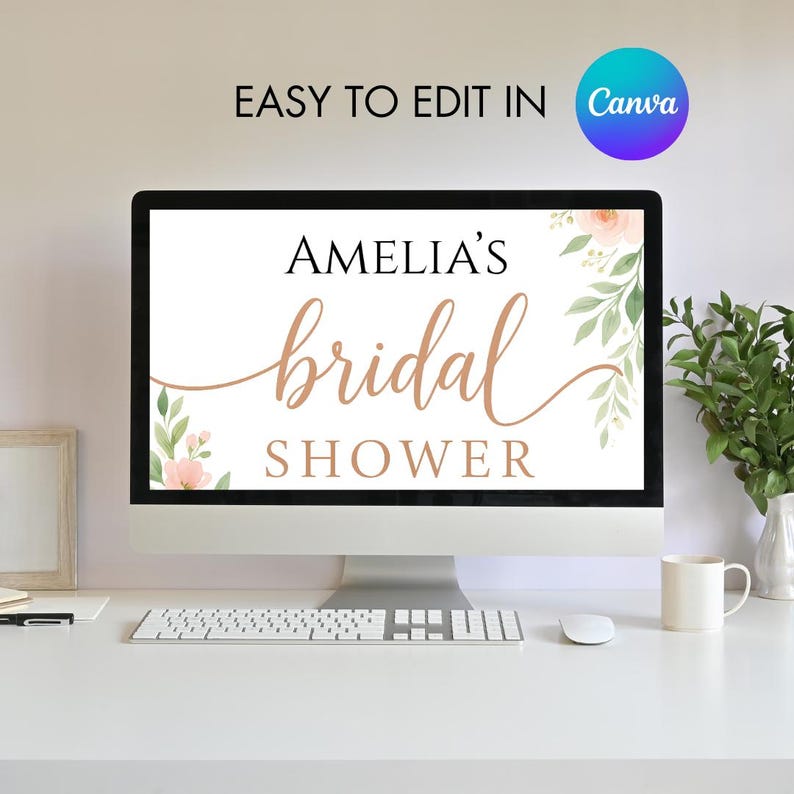 Op de afbeelding: Een digitale schermmoc-up met een bruiloftsdoucheinvitatie met een bloemenontwerp en de tekst "Amelia's bridal shower".