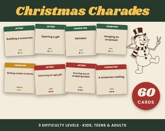 Christmas Charades Game, 60 Printable Cards, 3 Levels, Christmas Party Game for Kids, Teens and Adults, Family Game Night