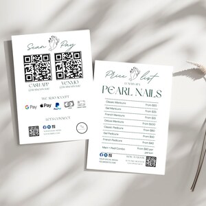 May include: A white price list for a nail salon called "Pearl Nails" with a green floral design. The price list includes services like manicures, pedicures, and nail art. The prices are listed in US dollars.