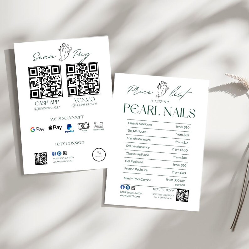 May include: A white price list for a nail salon called "Pearl Nails" with a green floral design. The price list includes services like manicures, pedicures, and nail art. The prices are listed in US dollars.