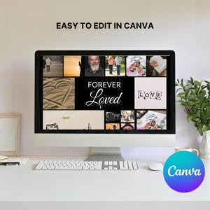 May include: A computer monitor displays a collage with the words "FOREVER Loved" and "LOVE". The screen also shows various images, including people and a heart drawn in sand. The text "EASY TO EDIT IN CANVA" is at the top. A Canva logo is in the bottom right.