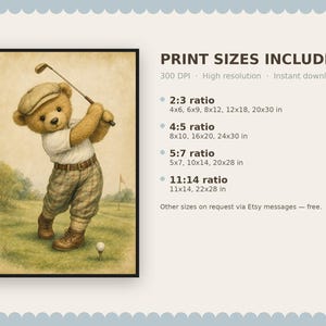Lámina infantil Vintage Golf Bear, decoración única para habitación de niño, regalo para baby shower, descarga digital. imagen 9