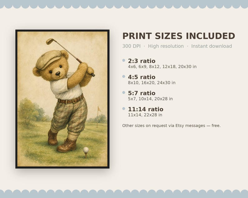 Lámina infantil Vintage Golf Bear, decoración única para habitación de niño, regalo para baby shower, descarga digital. imagen 9