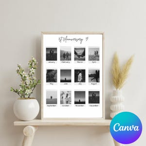May include: A black and white photo collage of a couple's first year of marriage. The collage is in a white frame and has a title that reads "1st Anniversary".