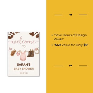 Może przedstawiać: Drukowana tablica powitalna na baby shower z tłem w wz&oacute;r krowiej sk&oacute;ry. Na tablicy napisano "Witamy na baby shower Sarah 20 maja 2025". Są ilustracje dziecięcego body, kowbojskich but&oacute;w i kowbojskiego kapelusza wiszącego na sznurku.