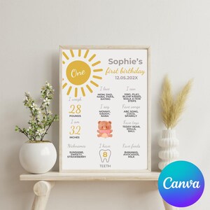May include: A yellow and gray printable first birthday poster with a sun graphic and the text "One". The poster includes details about the child's weight, height, favorite foods, songs, and toys. The poster also includes the child's name, "Sophie", and the date of their birthday, "12.05.202X".