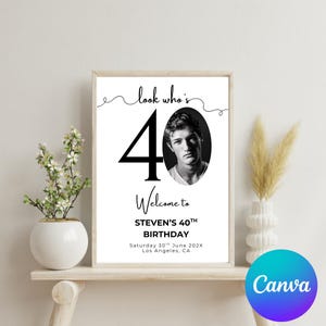 Puede incluir: Un cartel de fiesta de cumplea&ntilde;os en blanco y negro con el n&uacute;mero 40 y una foto de una persona. El texto dice "look who's 40", "Welcome to STEVEN'S 40TH BIRTHDAY", "Saturday 30th June 202X", y "Los Angeles, CA".
