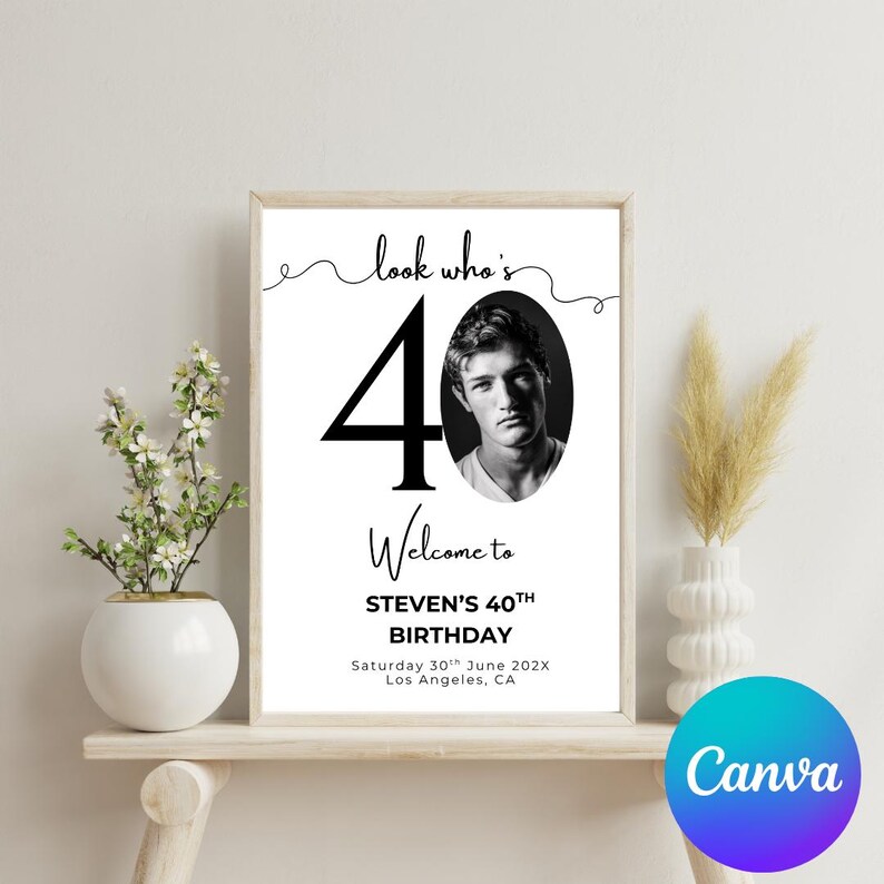 Puede incluir: Un cartel de fiesta de cumplea&ntilde;os en blanco y negro con el n&uacute;mero 40 y una foto de una persona. El texto dice "look who's 40", "Welcome to STEVEN'S 40TH BIRTHDAY", "Saturday 30th June 202X", y "Los Angeles, CA".