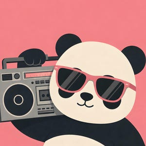 May include: A graphic illustration of a panda wearing pink-framed sunglasses while holding a grey boombox. The panda has black ears, black eye patches, and a black nose, set against a solid pink background. The boombox features a speaker.