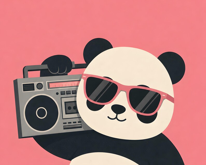 May include: A graphic illustration of a panda wearing pink-framed sunglasses while holding a grey boombox. The panda has black ears, black eye patches, and a black nose, set against a solid pink background. The boombox features a speaker.