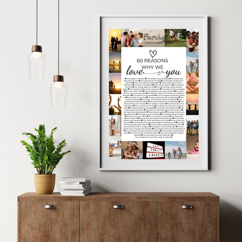 Op de afbeelding: Een collage van foto's met een lijst van 60 redenen waarom we van je houden. De foto's zijn van een familie en vrienden die tijd samen doorbrengen. De tekst is in zwart-wit en de achtergrond is wit.
