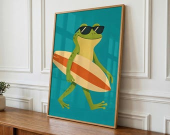 Surfing Frog Print, Whimsical Animal Nursery Wall Art (Digital Download)
