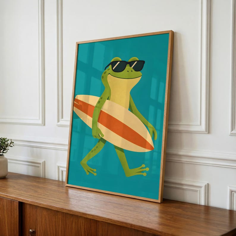 Surfing Frog Print, Whimsical Animal Nursery Wall Art (Digital Download) image 1