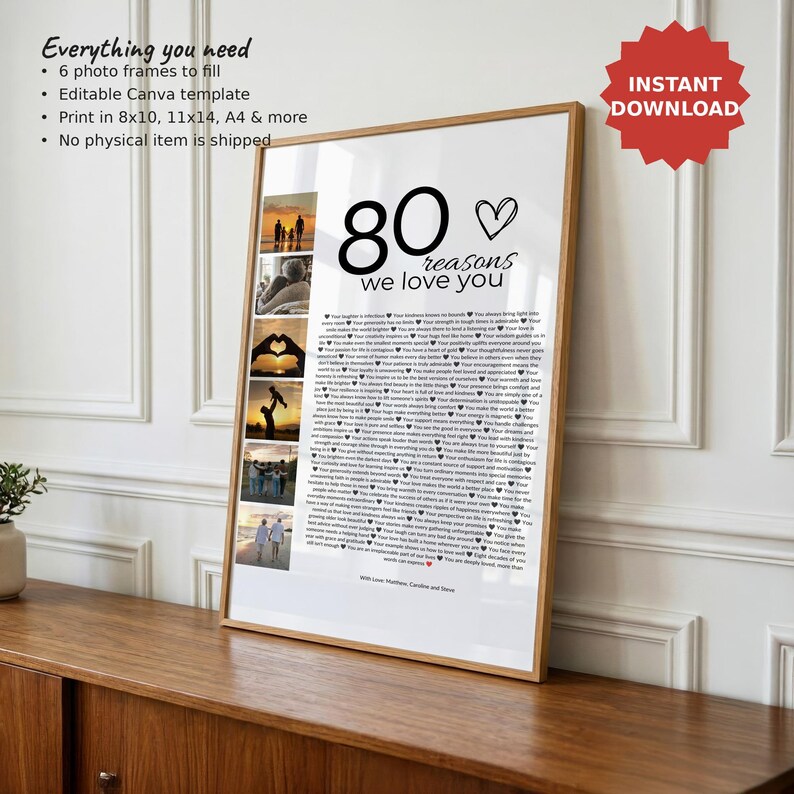 80th Birthday Photo Collage: Custom '80 Reasons' Gift, 80th Birthday Decorations (Canva Template) image 1