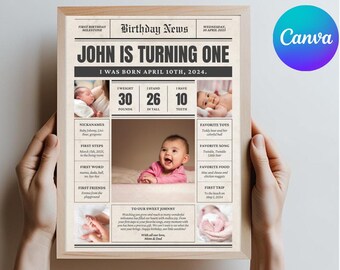 May include: A printable first birthday newspaper announcement for a baby named John. The announcement features a photo of the baby and includes details like weight, height, and favourite toys. The text reads "John is turning one. I was born April 10th, 2024."