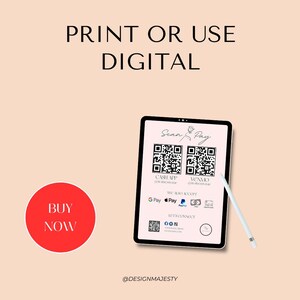 Puede incluir: Una tableta digital que muestra un dise&ntilde;o de escaneo y pago con c&oacute;digos QR para Cash App y Venmo. El texto "Scan & Pay" est&aacute; escrito en una fuente cursiva. El texto "We also accept" est&aacute; escrito sobre una fila de logotipos para Google Pay, Apple Pay, PayPal y una tarjeta de cr&eacute;dito. El texto "Let's Connect" est&aacute; escrito sobre una fila de iconos de redes sociales. El texto "@DESIGNMAJESTY" est&aacute; escrito debajo de la tableta.