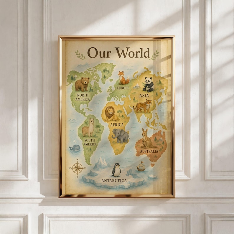 May include: A framed wall art print titled Our World featuring a colorful map of the continents. The map displays illustrated animals including a bear, fox, panda, tiger, lion, elephant, llama, kangaroo, and penguin, along with a compass rose.