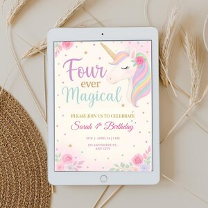 Puede incluir: Una invitaci&oacute;n digital rosa y blanca con una ilustraci&oacute;n de unicornio. El texto dice "Four ever Magical" y "Sarah 4th Birthday".