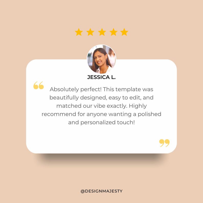 May include: A customer testimonial with a photo of a woman, Jessica L., and a quote: "Absolutely perfect! This template was beautifully designed, easy to edit, and matched our vibe exactly." The background is a light peach color.