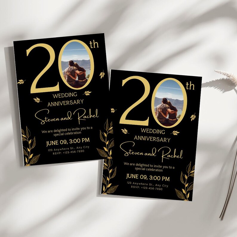 May include: Black and gold wedding anniversary invitation with a photo of a couple. The invitation says "20th Wedding Anniversary Steven and Rachel" and includes the date and time of the event.
