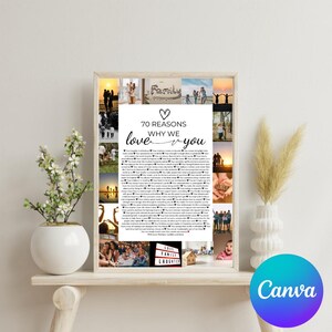 Pu&ograve; includere: Un collage di foto incorniciato con un testo sovrapposto in bianco e nero che recita "70 motivi per cui ti amiamo". Le foto sono di una famiglia e includono una variet&agrave; di ambientazioni, come una spiaggia, un parco e una casa. Il testo &egrave; in un carattere semplice e facile da leggere.