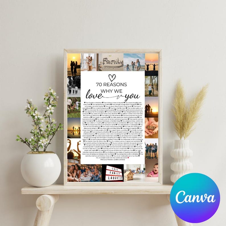 Pu&ograve; includere: Un collage di foto incorniciato con un testo sovrapposto in bianco e nero che recita "70 motivi per cui ti amiamo". Le foto sono di una famiglia e includono una variet&agrave; di ambientazioni, come una spiaggia, un parco e una casa. Il testo &egrave; in un carattere semplice e facile da leggere.