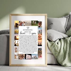 Op de afbeelding: Een witte ingelijste collage met een fotomontage van een familie. De collage bevat een lijst met 60 redenen waarom de familie van de persoon op de foto's houdt. De tekst luidt "60 redenen waarom we van je houden".