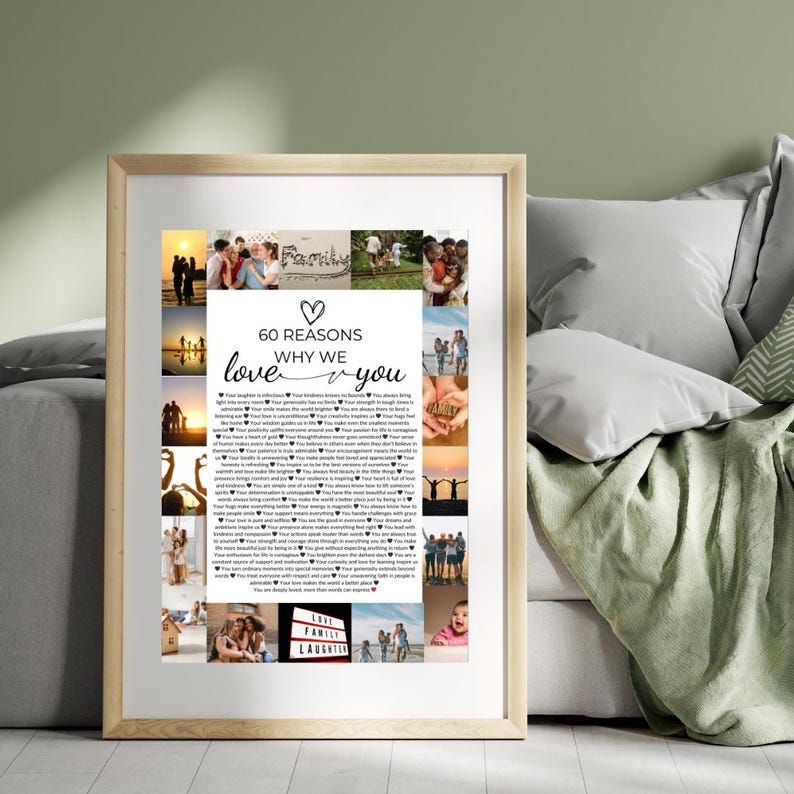 Op de afbeelding: Een witte ingelijste collage met een fotomontage van een familie. De collage bevat een lijst met 60 redenen waarom de familie van de persoon op de foto's houdt. De tekst luidt "60 redenen waarom we van je houden".