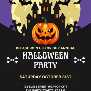 May include: Halloween party invitation with a spooky design. Features a jack-o'-lantern, bats, and a haunted house silhouette against a full moon. The text reads "Halloween Party" and provides event details.