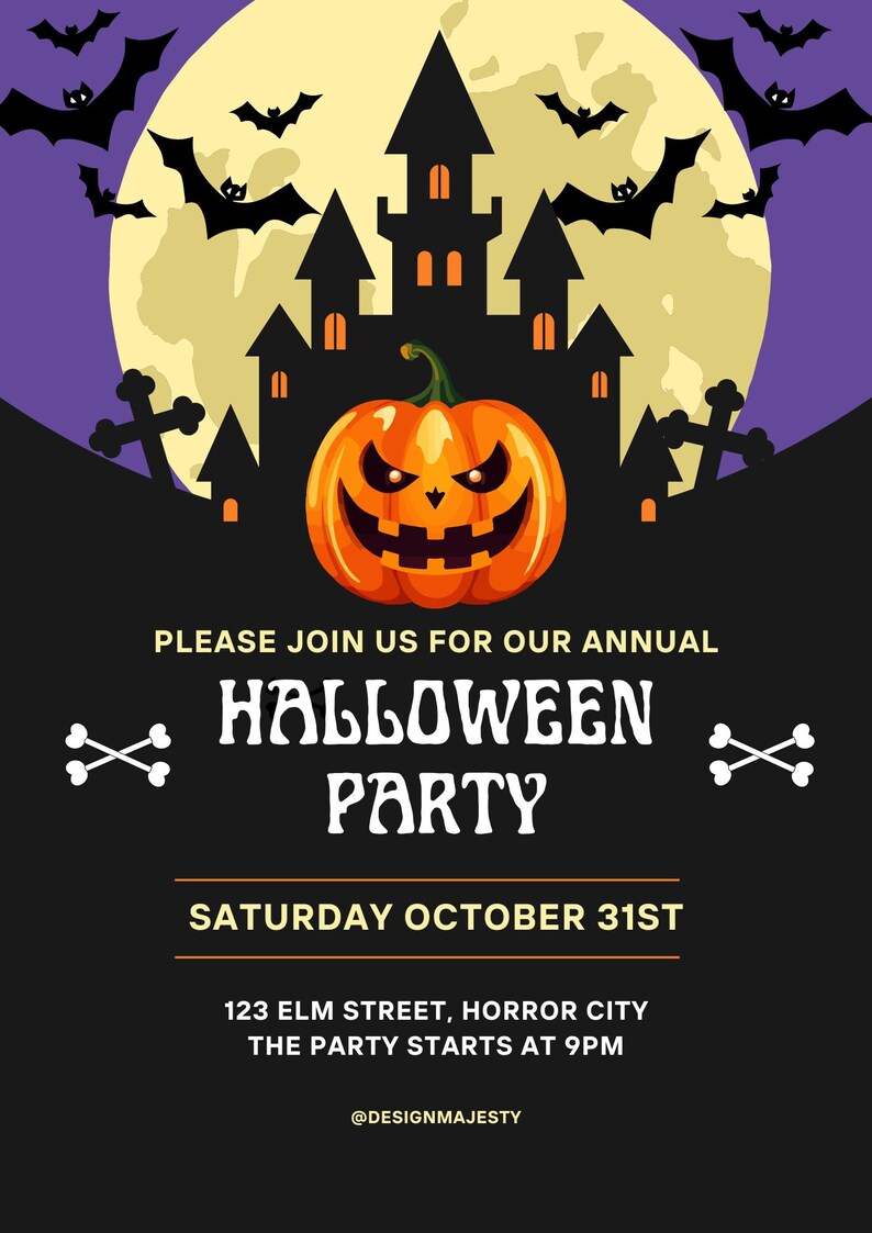 May include: Halloween party invitation with a spooky design. Features a jack-o'-lantern, bats, and a haunted house silhouette against a full moon. The text reads "Halloween Party" and provides event details.