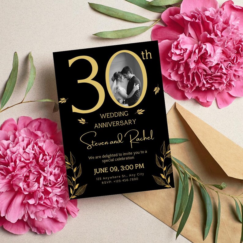 Inbjudan till 30-årsjubileum: Svart och guld, fotomall (digital nedladdning) bild 3