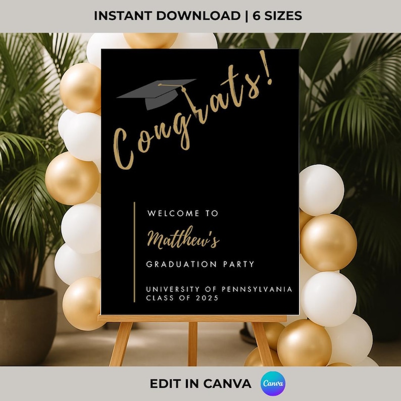 Editable black and gold graduation welcome sign with modern script, a graduation cap, and personalized text. Perfect for celebrating college grads, Canva printable.