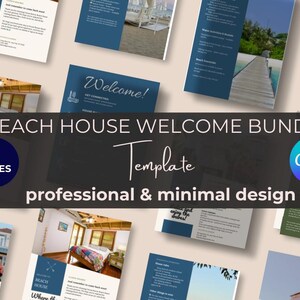 May include: A Canva template for a beach house welcome bundle. The template includes five pages with a professional and minimal design. The pages feature images of a beach house, a bedroom, and a jetty. The text on the pages includes "Beach House Welcome Bundle", "5 Pages", "Template", "Professional & Minimal Design", and "Canva".